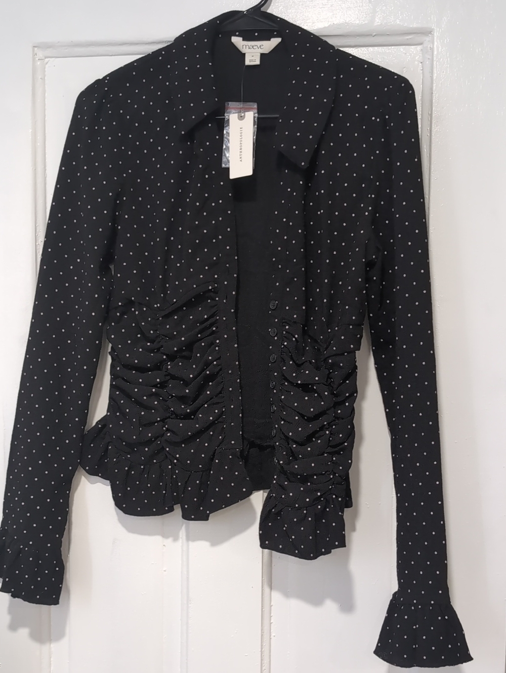 Maeve Black with White Polka Dot Ruffled Button Up